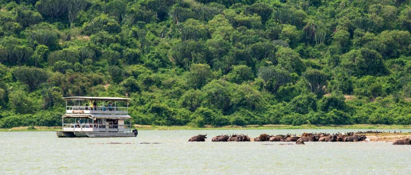 Boat safari on Kazinga Channel in Queen Elizabeth National Park Uganda with hippos and wildlife