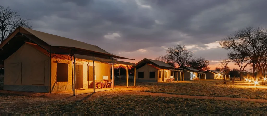 A row of luxury safari tents illuminated at dusk under a dramatic cloudy sky in the Serengeti.