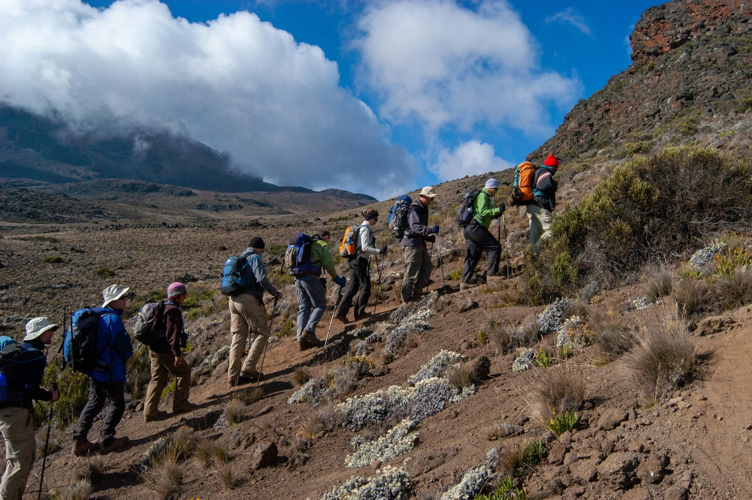 Trekkers climbing Barranco Wall on the Machame Route